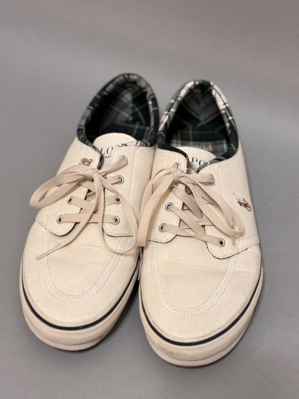 Polo by Ralph Lauren Cream Canvas Lace-Up Sneakers with Plaid Lining